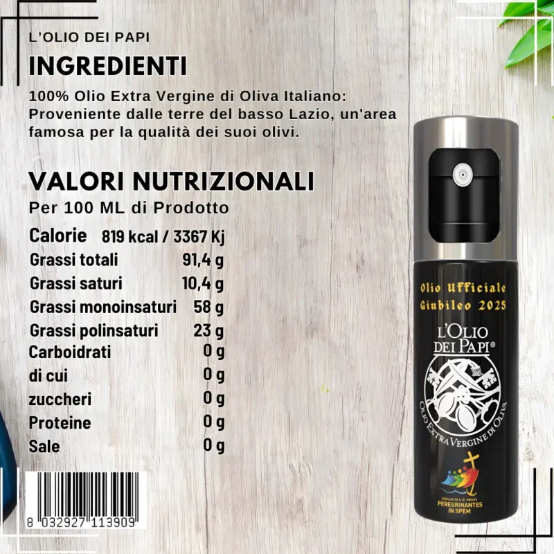 L'Olio dei Papi in Oliera Spray 100 ml – Edizione Giubileo 2025, Idea Assaggio. In Vetro. Elegante, Comoda e Ricaricabile !