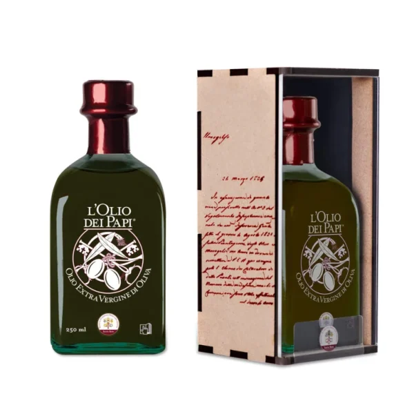 Bottiglia di L’Olio dei Papi 250ml in teca di legno