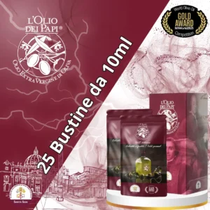 Astuccio con 25 bustine monodose di olio extra vergine Edizione Supremo.