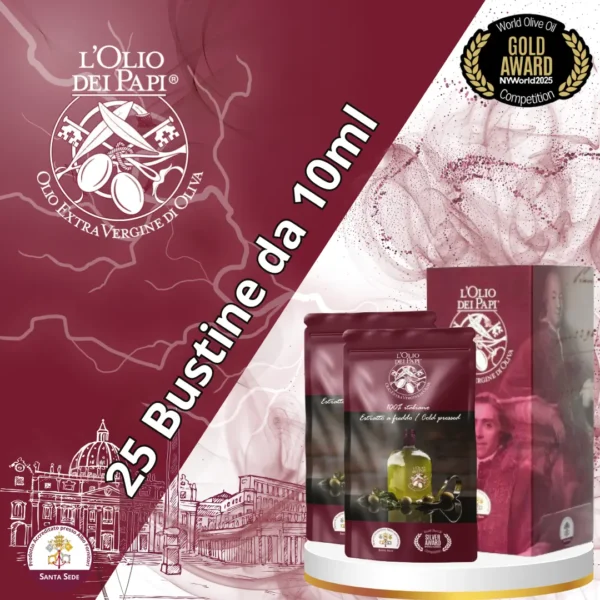 Astuccio con 25 bustine monodose di olio extra vergine Edizione Supremo.