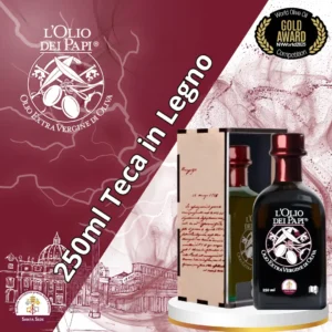 Bottiglia da 250ml in teca di legno, olio extra vergine Olio dei Papi.