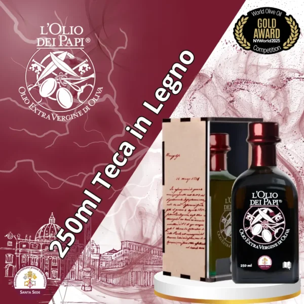 Bottiglia da 250ml in teca di legno, olio extra vergine Olio dei Papi.