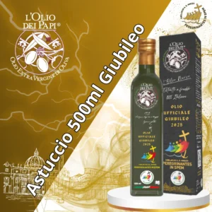 Bottiglia da 500ml di olio extra vergine con astuccio Giubileo 2025.