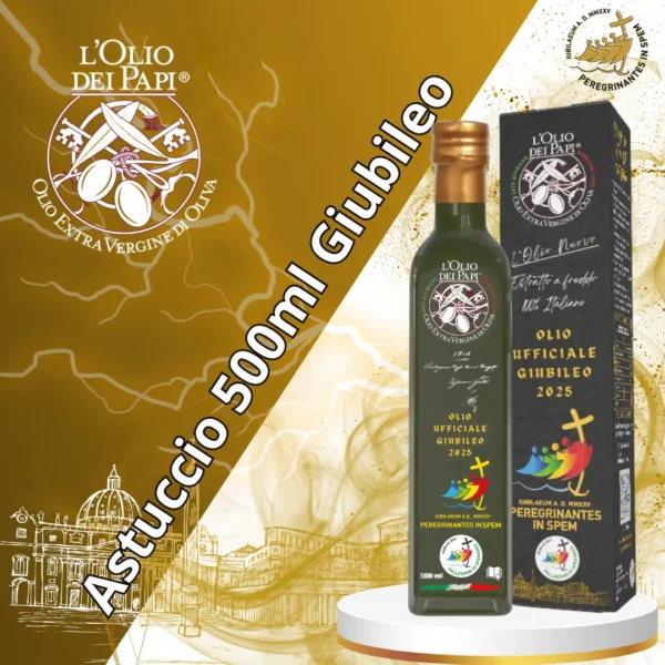 Bottiglia da 500ml di olio extra vergine con astuccio Giubileo 2025.