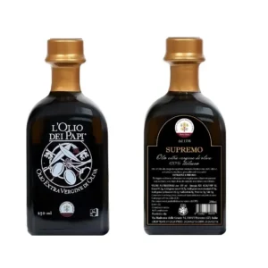 Bottiglia di olio extra vergine di oliva L’Olio dei Papi su sfondo bianco supremo
