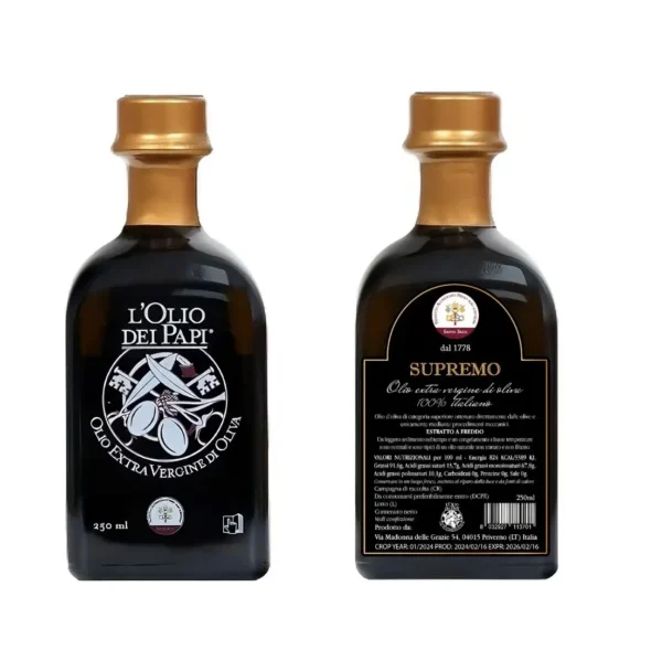 Bottiglia di olio extra vergine di oliva L’Olio dei Papi su sfondo bianco supremo