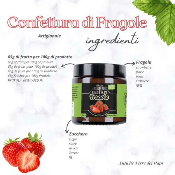 Vasetto di confettura extra di fragole con rappresentazione iconografica degli ingredienti naturali.