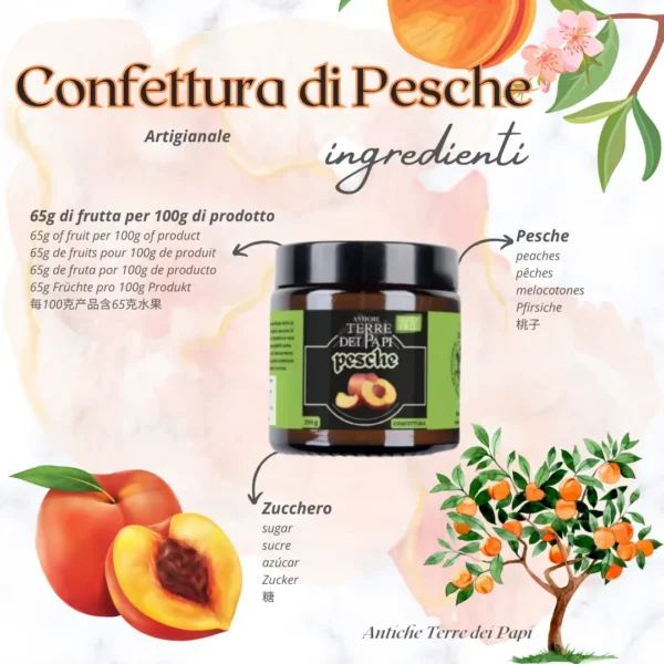 Vasetto di confettura extra di pesche con ingredienti naturali illustrati graficamente.