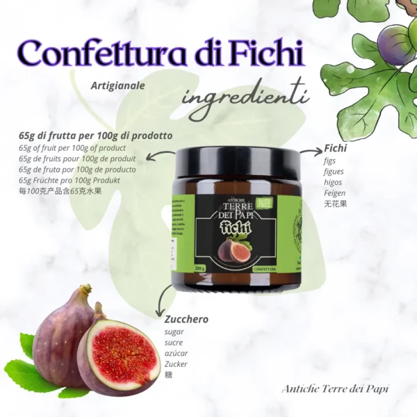 Vasetto di confettura extra di fichi con ingredienti naturali illustrati graficamente.
