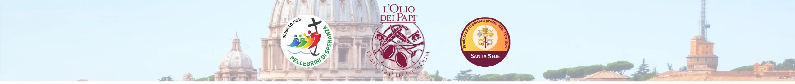 Logo L’Olio dei Papi accanto al logo Giubileo 2025 e accreditamento Santa Sede