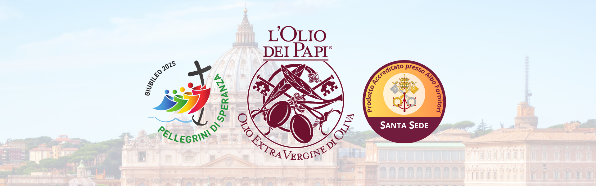 Logo L’Olio dei Papi accanto al logo Giubileo 2025 e accreditamento Santa Sede
