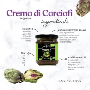 Crema di Carciofi – Delicatezza Mediterranea Crema di carciofi con ingredienti illustrati.
