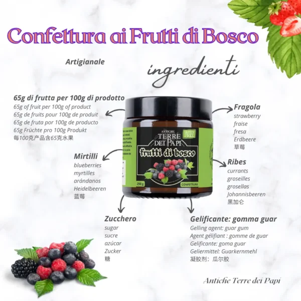 confettura extra ai frutti di bosco con ingredienti naturali illustrati graficamente.