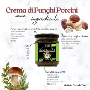 Crema ai Funghi Porcini – Profumo e Sapore d’Autunno Crema ai funghi porcini con rappresentazione grafica degli ingredienti.