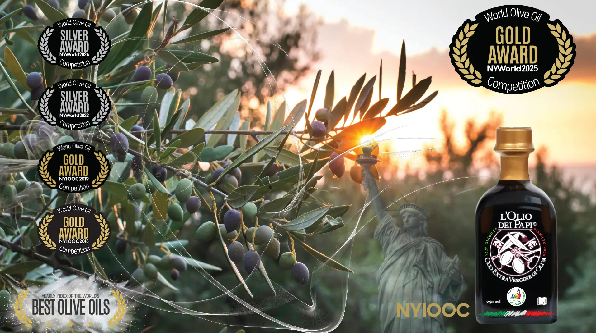 Uliveti al tramonto nel Lazio con bottiglia di olio extra vergine di oliva L’Olio dei Papi