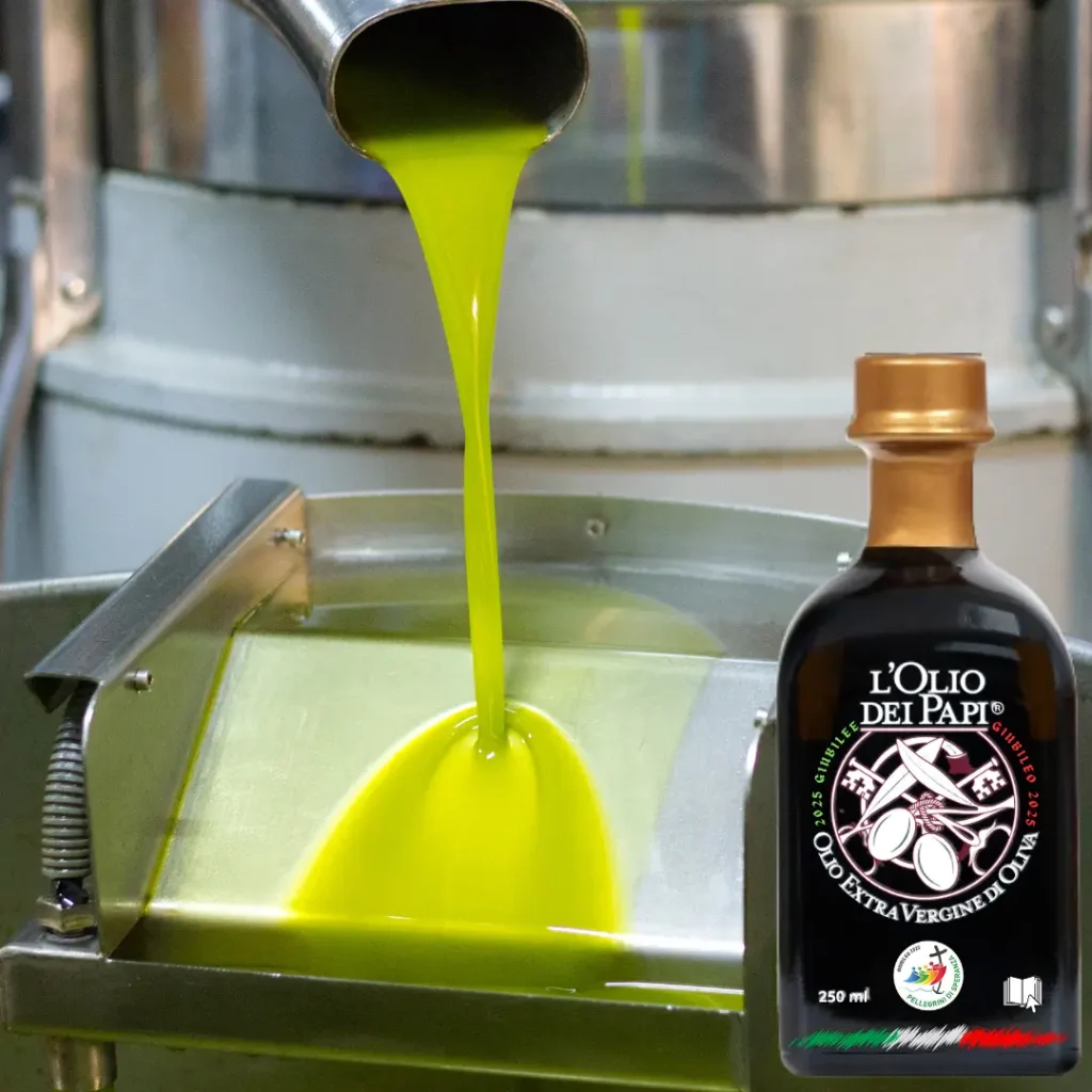 Bottiglia di olio con sfondo frantoio, l'olio che scorre
