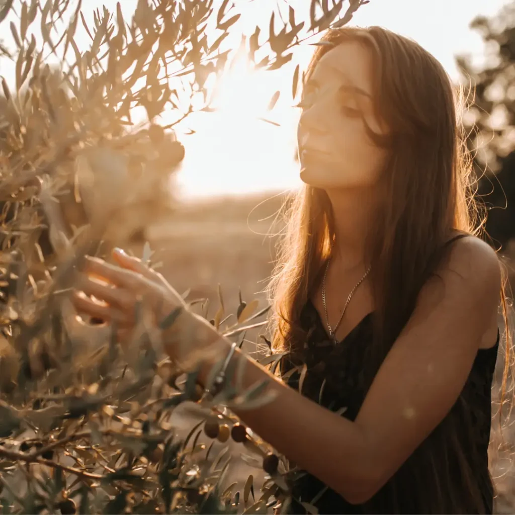 Giovane donna tra i rami di ulivo al tramonto