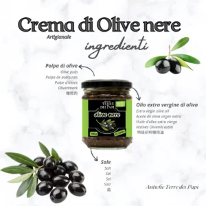Crema di Olive Nere – Ingredienti Naturali Crema di olive nere con ingredienti naturali illustrati.