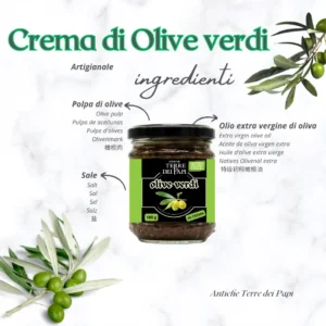 Crema di Olive Verdi – Gusto Fresco e Naturale Crema di olive verdi con rappresentazione grafica degli ingredienti.