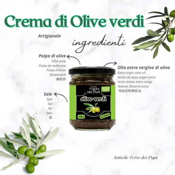 Crema di olive verdi con rappresentazione grafica degli ingredienti.