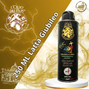 Latta di olio extra vergine di oliva L’Olio dei Papi su sfondo bianco giubileo