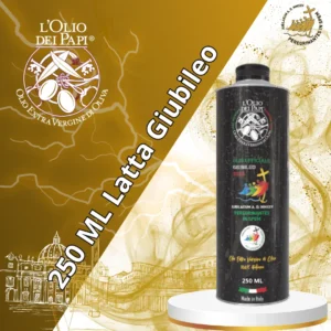 Latta di olio extra vergine di oliva L’Olio dei Papi su sfondo bianco giubileo