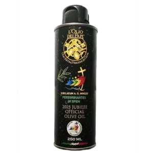 Latta di olio extra vergine di oliva L’Olio dei Papi su sfondo bianco